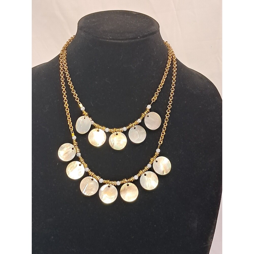 Peyote Bird Two Strand Shell Discs Pendant Necklace On Gold Chain 17-18.5" NWT